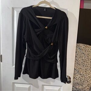 SHEIN Curve Black Draped Twist Front Top w/ Gold Accent